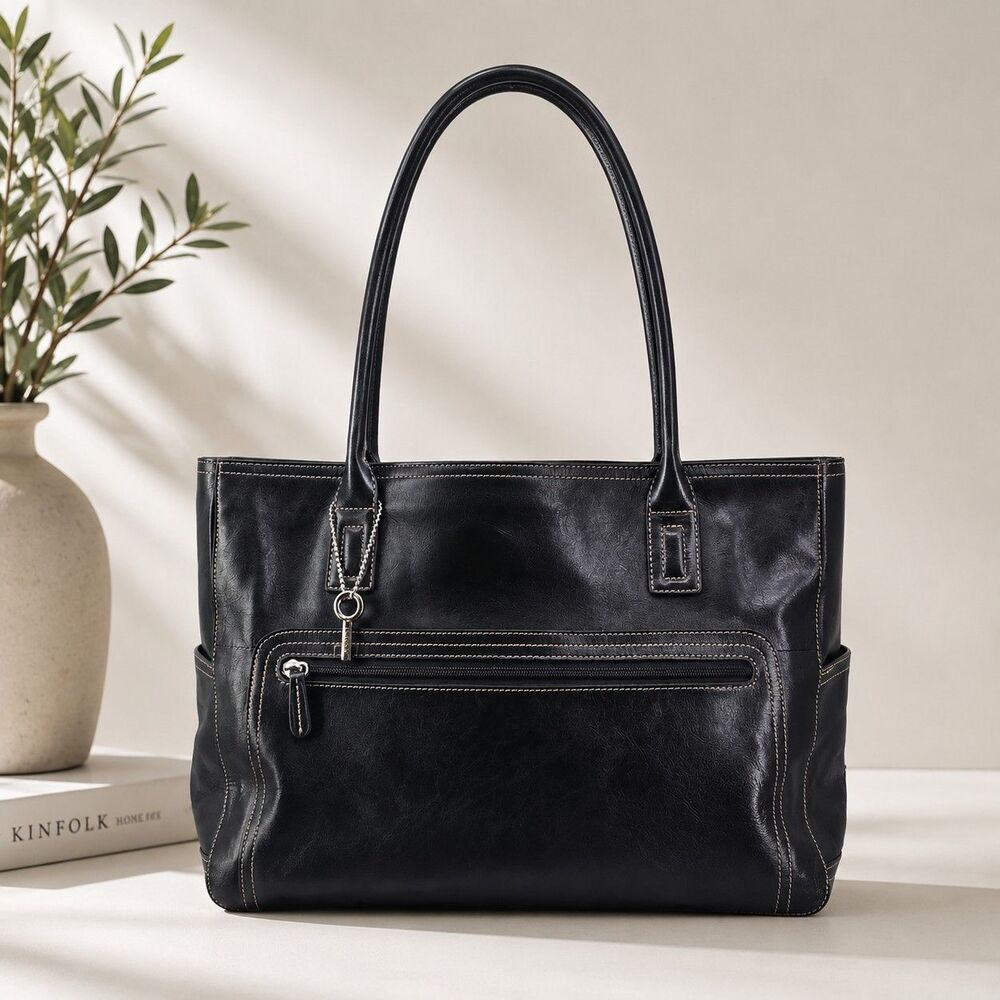 Vintage Fossil Black Leather 15" Laptop Tote Bag Briefcase Key Charm